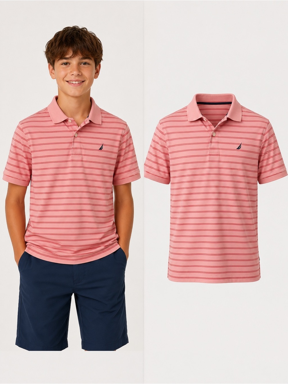 Nautica | Boys Performance Polo Shirt Pink Striped | Size Large 14/16